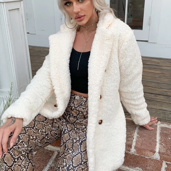 . Jackets & Blazers - Beige Preppy Womens Double Button Teddy Coat